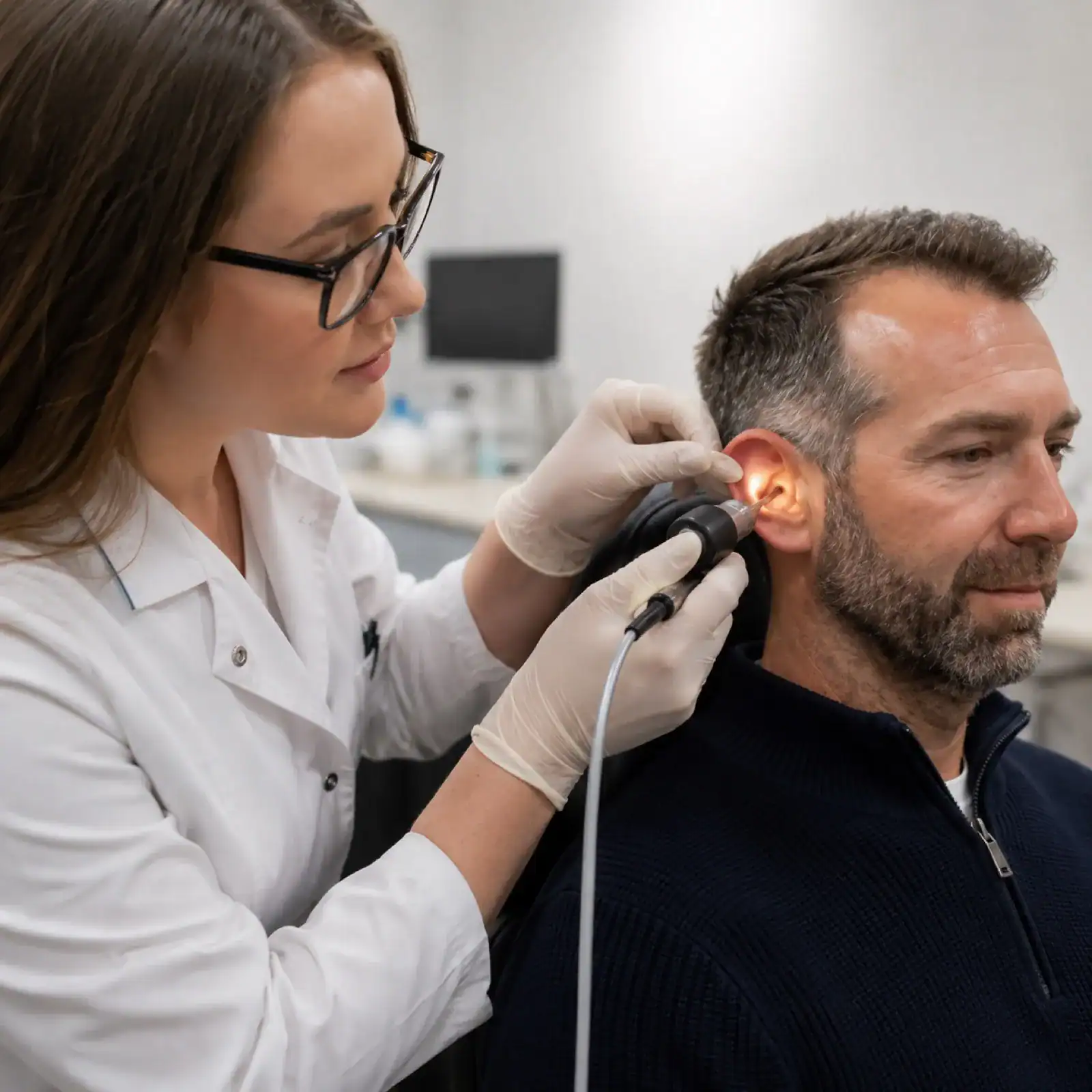 Patient at Hear Well Be Well undergoing ear wax removal treatment